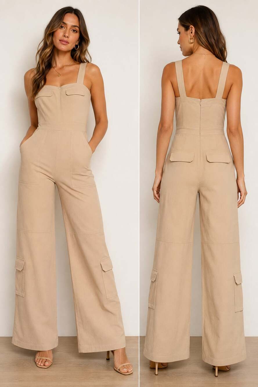 Amanda Uprichard Frida Jumpsuit Size S Beige Cargo Wide Leg Utility $275